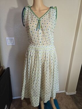 Vintage L Aiglon White Polka Dot Sleeveless Midi Dress with Green & Teal Dots